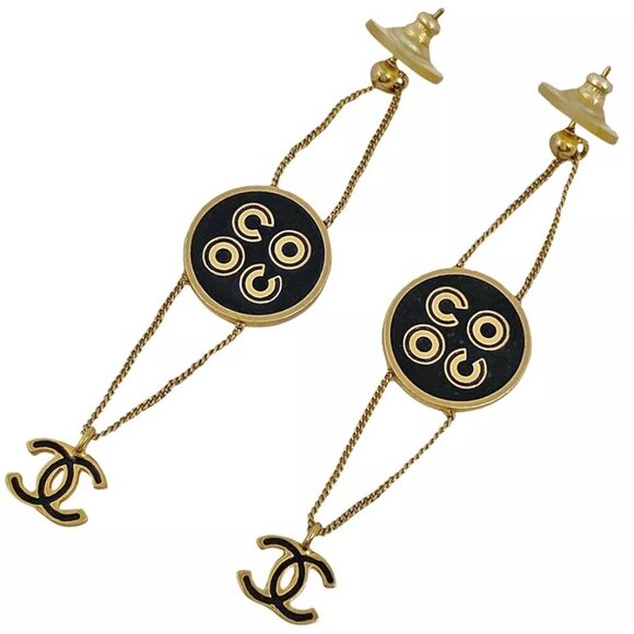 CHANEL Black CC Logos COCO Round Drop Stud Earrings Gold Tone 01A Auth w/Box - Picture 1 of 16